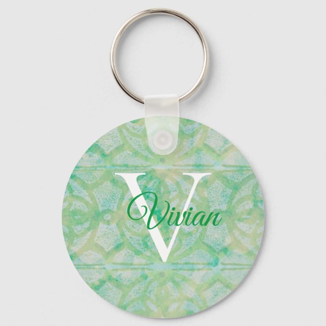 Grönt och blå vattenfärg, Monogram Namn Nyckelring (Framsida)
