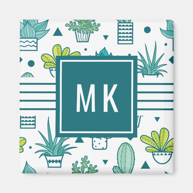 Grönt och blå vattenfärg Succulent Mönster Magnet (Framsidan)