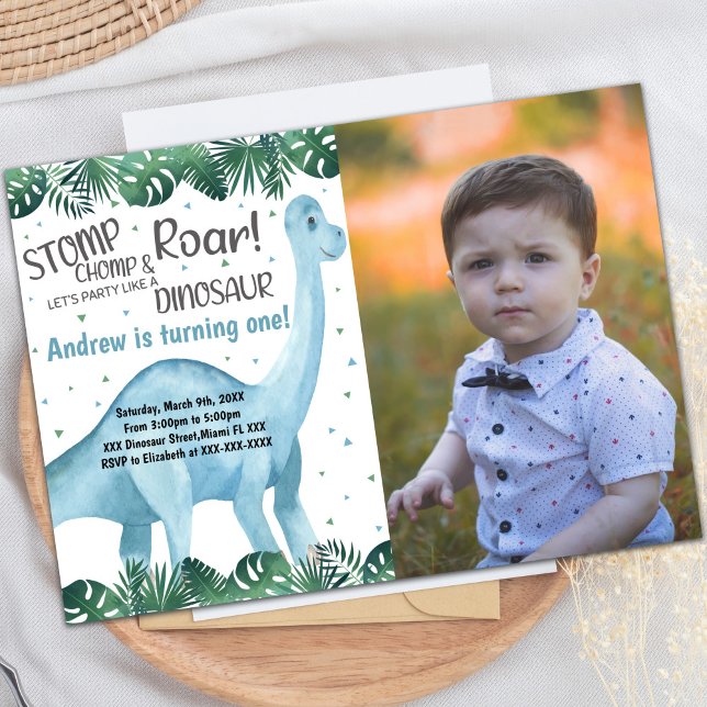Grönt och blåa dinosaurier-inbjudan på födelsedage inbjudningar (Green Blue Dinosaur Birthday Invitations w photo)