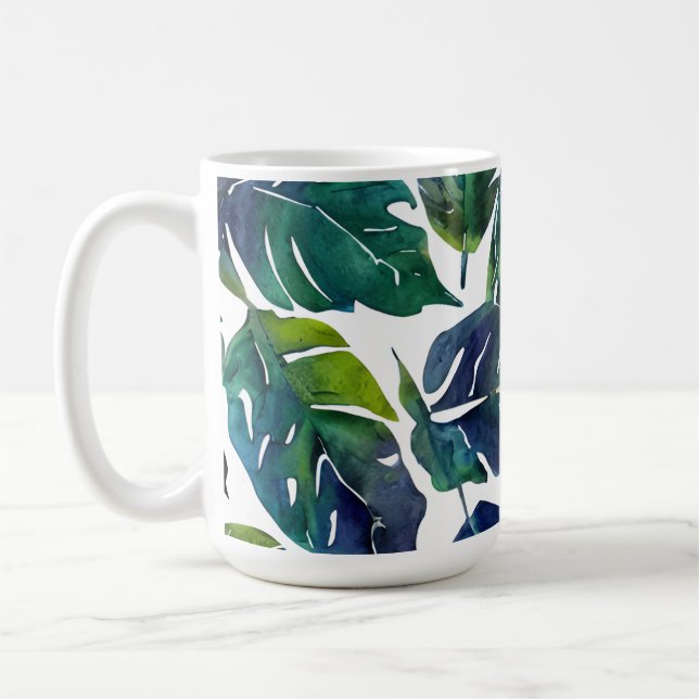 Grönt och blåblommig filodendron botaniskt kaffemugg (Vänster)
