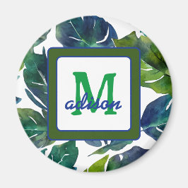 Grönt och blåblommig filodendron monogrammed magnet