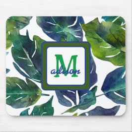 Grönt och blåblommig filodendron monogrammed musmatta
