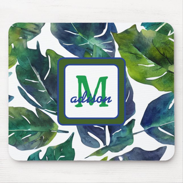 Grönt och blåblommig filodendron monogrammed musmatta (Framsidan)