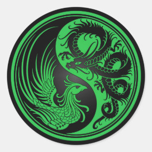 Grönt och Black Dragon Phoenix Yin Yang Runt Klistermärke