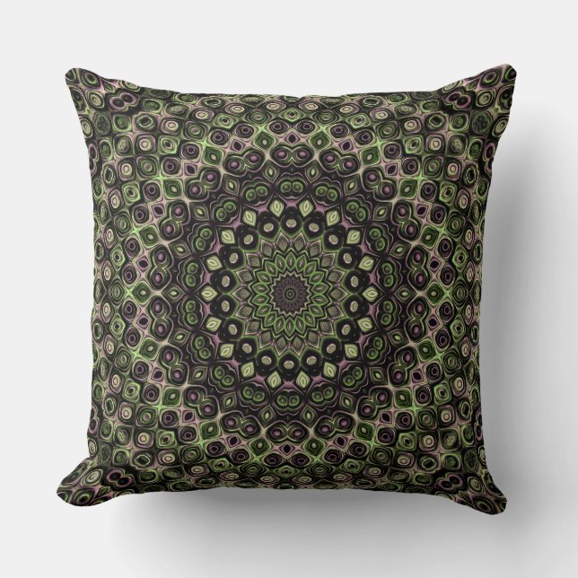 Grönt och Black Kaleidoscope Mandala Mönster Kudde (Framsida)