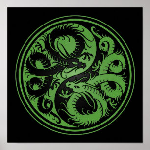 Grönt och Black Yin Yang Chinese Dragons Poster