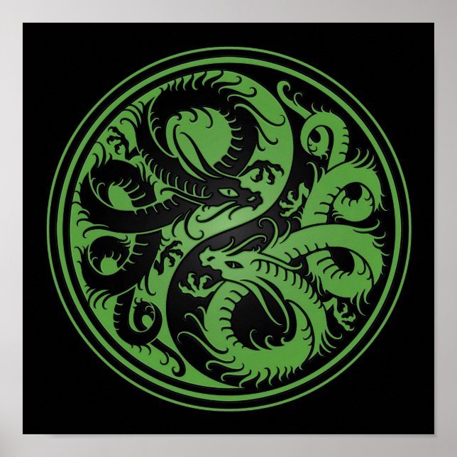 Grönt och Black Yin Yang Chinese Dragons Poster (Framsidan)
