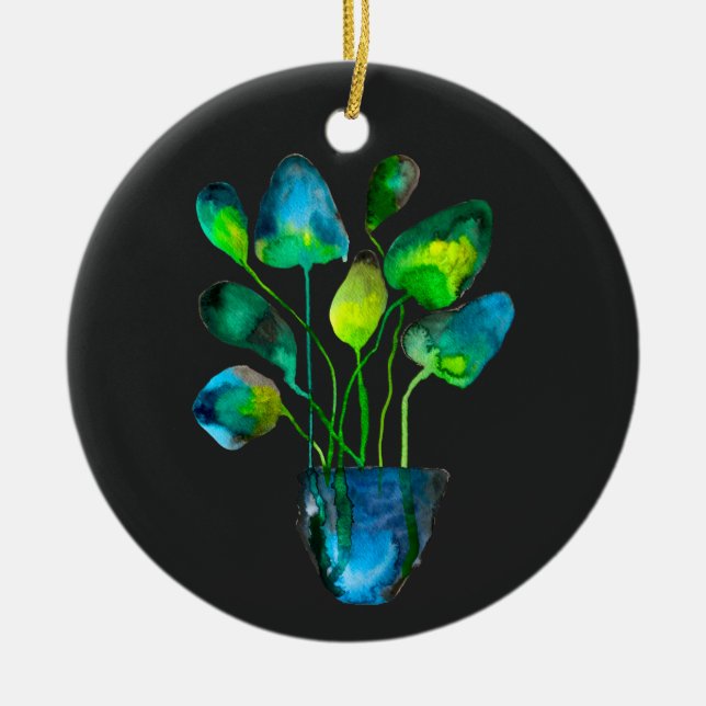 Grönt och blått abstrakt för vattenfärgsverk julgransprydnad keramik (Framsidan)