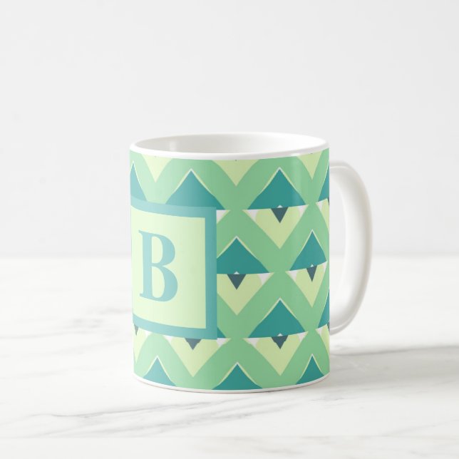 Grönt och blått geometriskt mönster monogram kaffemugg (Framsida höger)