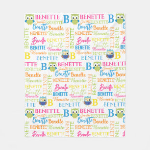 Grönt och blått Uggla med Namn och monogramkollage Fleecefilt