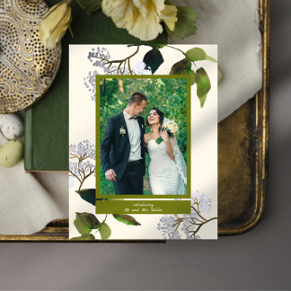 Grönt och blommor Precis gift Fotovisningskort Meddelande Vykort