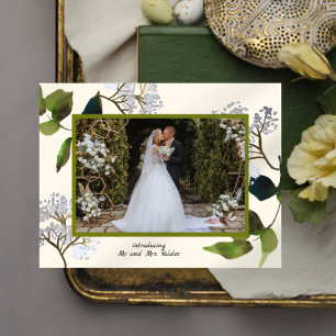 Grönt och blommor Precis gift Fotovisningskort Meddelande Vykort