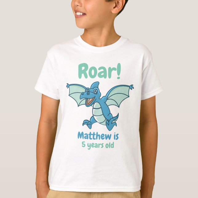 Grönt och Blue Dragon Dinosaur Roar Boy's Birthday T Shirt (Framsida)
