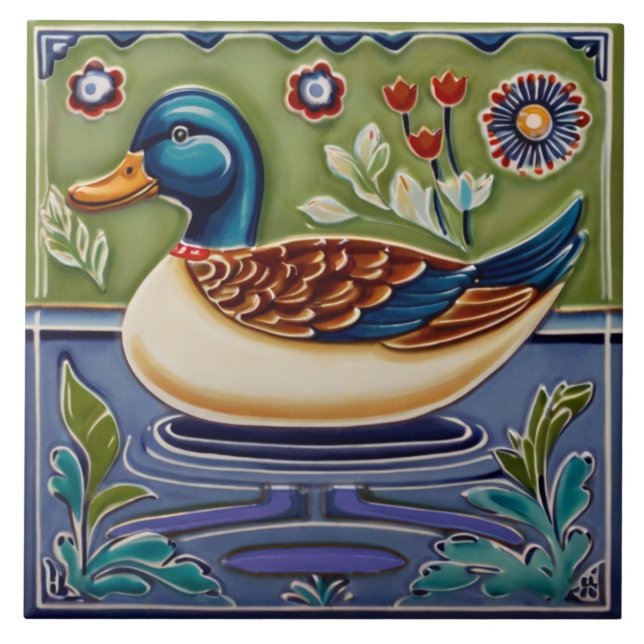 Grönt och Blue Mallard Anka European Folk Animal A Kakelplatta (Framsidan)