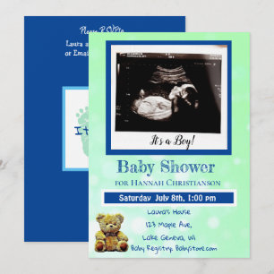 Grönt och Blue Pojke Ultrasound Baby Shower Inbjudningar