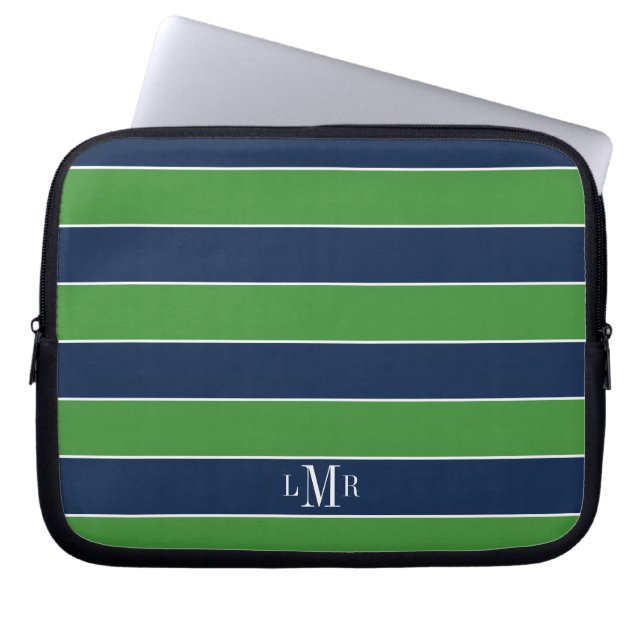 Grönt och Blue Rugby Rand Monogrammed Laptop Sleeve (Framsidan)