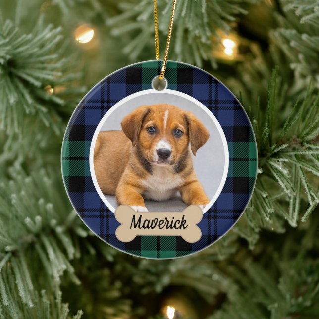 Grönt och Blue Tartan Play Anpassningsbar Hund Pho Julgransprydnad Keramik (Träd)