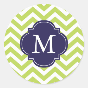Grönt och Blue Zigzags Mönster Monogram Runt Klistermärke