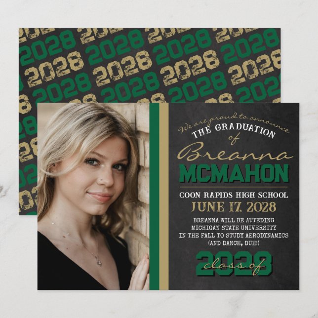 Grönt och bronze Chalkboard Studenten-meddelande Inbjudningar (Fram/baksida)