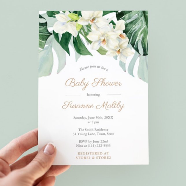 Grönt och Bronze Monstera Lövs Baby Shower Party Inbjudningar (Dark Green Watercolor Tropical Foliage Baby shower Invitations)