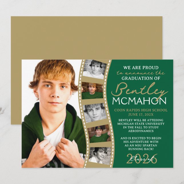 Grönt och bronze Photo Filmremsa Grad-meddelande Inbjudningar (Fram/baksida)