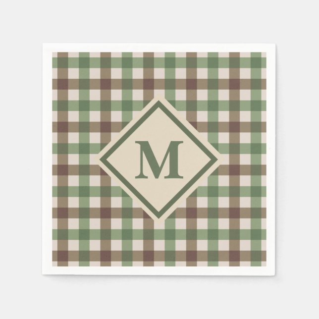 Grönt och Brown Gingham Play med Monogram Picnic Pappersservett (Framsidan)