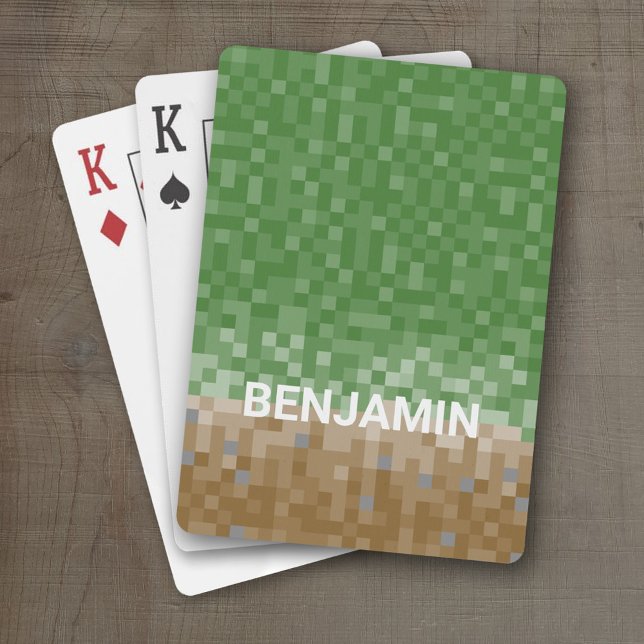 Grönt och brun pixeldesign med eget namn casinokort (Personalized Playing Cards - Pixel Miner)