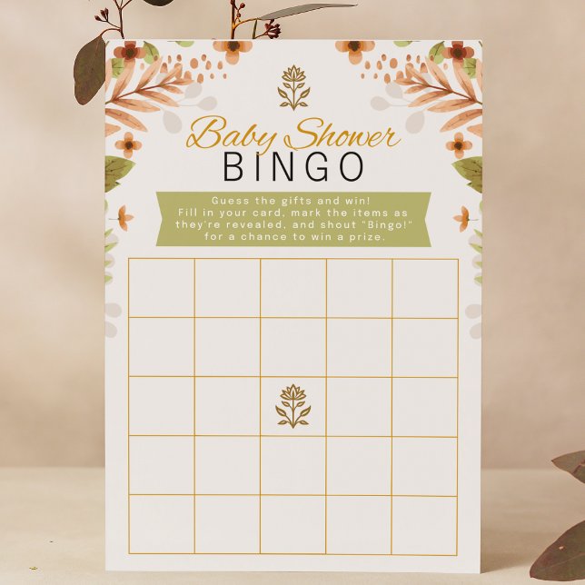 Grönt och brun vattenfärgsfärgad Blommigt Babykläd (Baby shower bingo game woodland fall foster adoptive shower game green brown leaves floral botanical)
