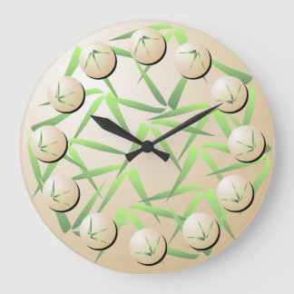 Grönt och Cream Bamboo Löv Wall Clock Stor Klocka
