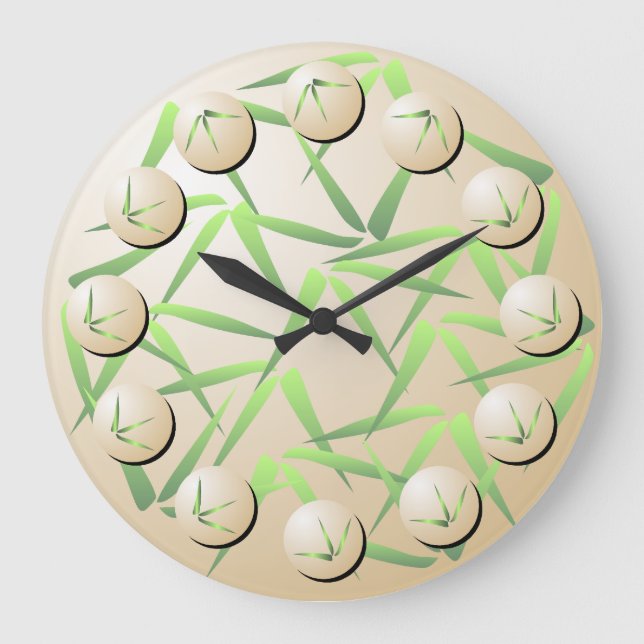 Grönt och Cream Bamboo Löv Wall Clock Stor Klocka (Framsida)