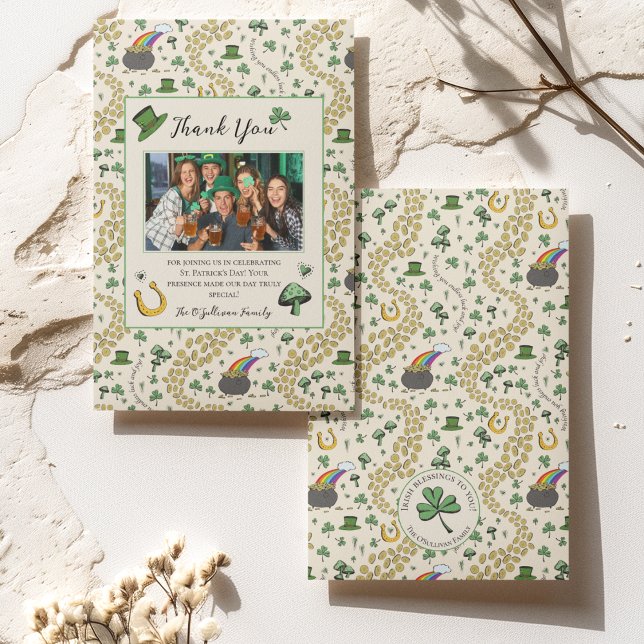 Grönt och Cream St Patricks Irish Tack You Card (St Patricks Day Custom Photo, Thank You Message and Name with Irish Blessing on Back of the Card. 
)