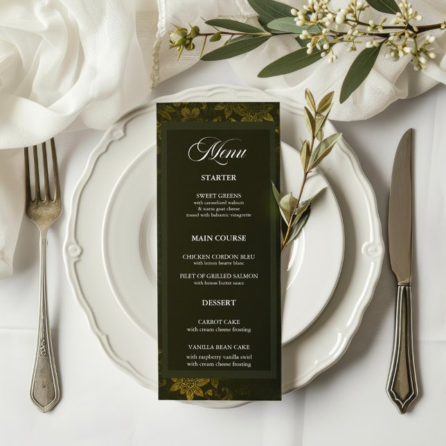 Grönt och Elegant Guld Blommigt Bröllop Menu Meny (Skapare uppladdad)
