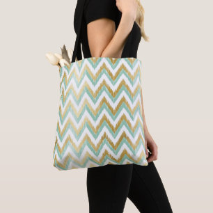 Grönt och Faux Gold Foil Chevron Ikat Mönster Tygkasse