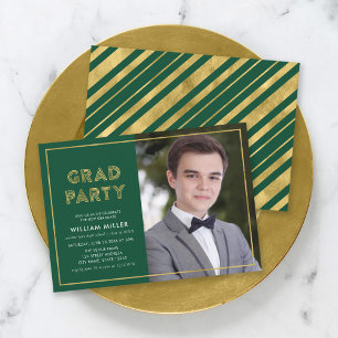 Grönt och Faux Guld Geometric Photo Grad Party Inbjudningar