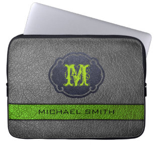 Grönt och grått läder anpassat monogram laptop fodral