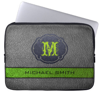 Grönt och grått läder anpassat monogram laptop fodral