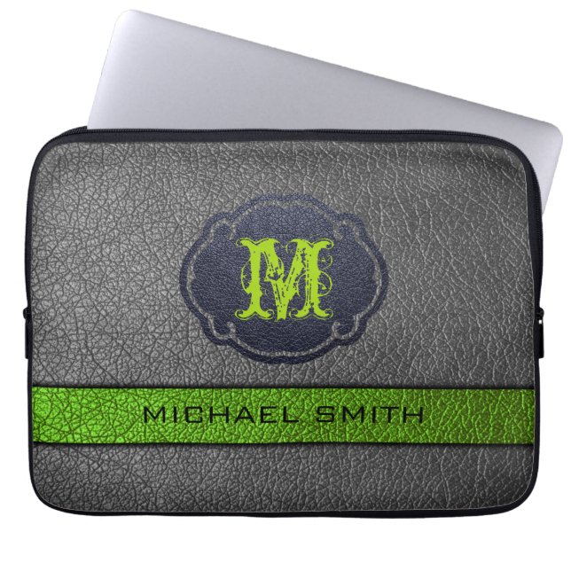 Grönt och grått läder anpassat monogram laptop fodral (Framsidan)