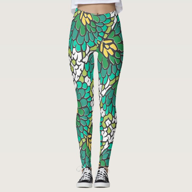 Grönt och Gula blommor Leggings (Framsida)
