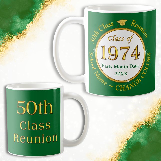Grönt och Guld, 50-åriga Reunion Souvenirs, Kaffemugg (Personalized, Class of 1974, Mugs. 50th class reunion gift ideas and souvenirs. Green, Gold, White.)