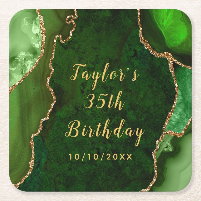 Grönt och Guld Agate Marble Birthday Underlägg Papper Kvadrat (Framsidan)