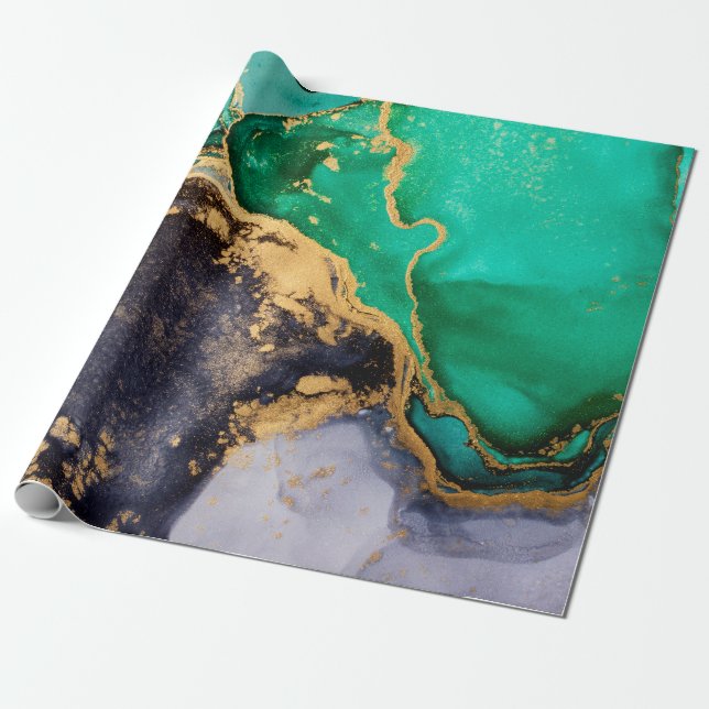Grönt och guld agate marble wrapping papper presentpapper (Utrullad)