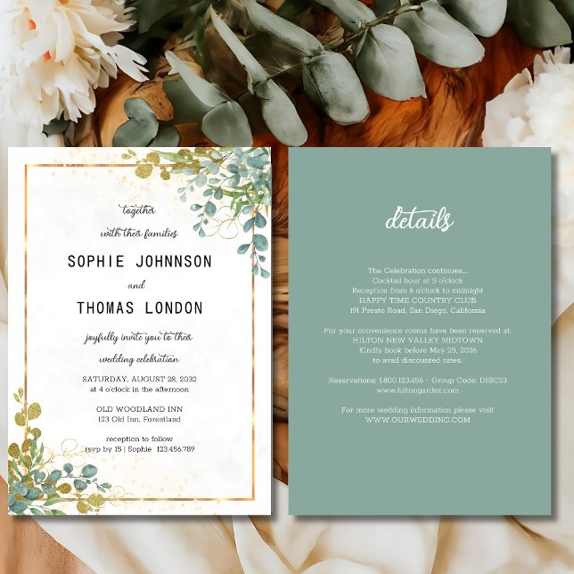 Grönt och guld All In One eukalyptus vattenfärg Inbjudningar (Skapare uppladdad)