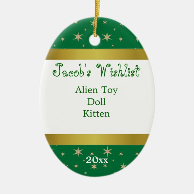 Grönt och Guld Anpassningsbar Wishlist Ornament (Framsidan)