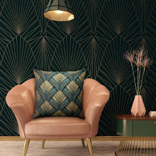 Grönt och Guld Art Deco Fläkt Kudde
