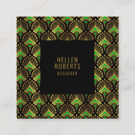 Grönt och guld Art Deco Mönster Fyrkantigt Visitkort