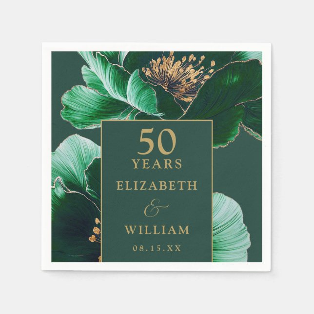 Grönt och Guld Blommigt Elegant 50-årsjubileum Pappersservett (Framsidan)