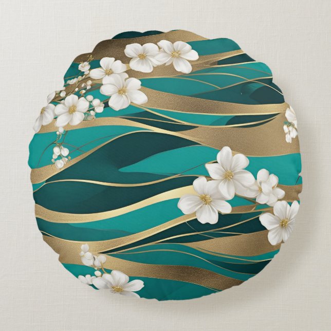 Grönt och Guld Blommigt Rund Kudde (Framsidan)