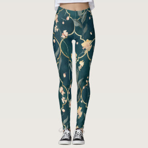 Grönt och Guld Blommönster Leggings