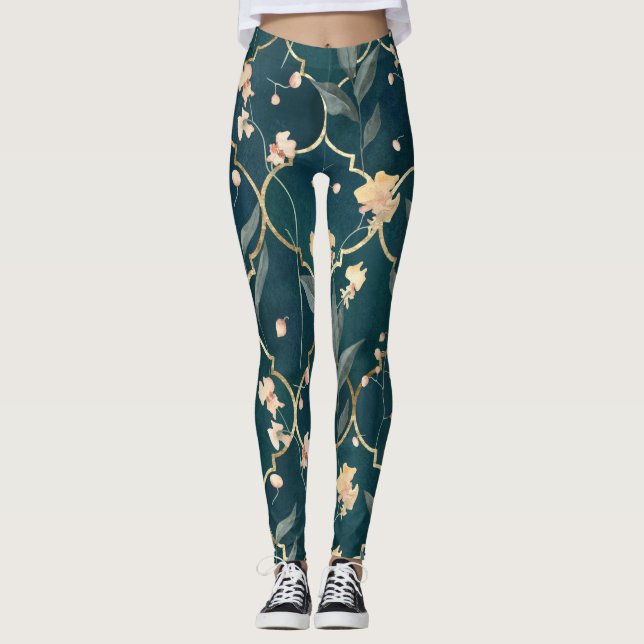 Grönt och Guld Blommönster Leggings (Framsida)