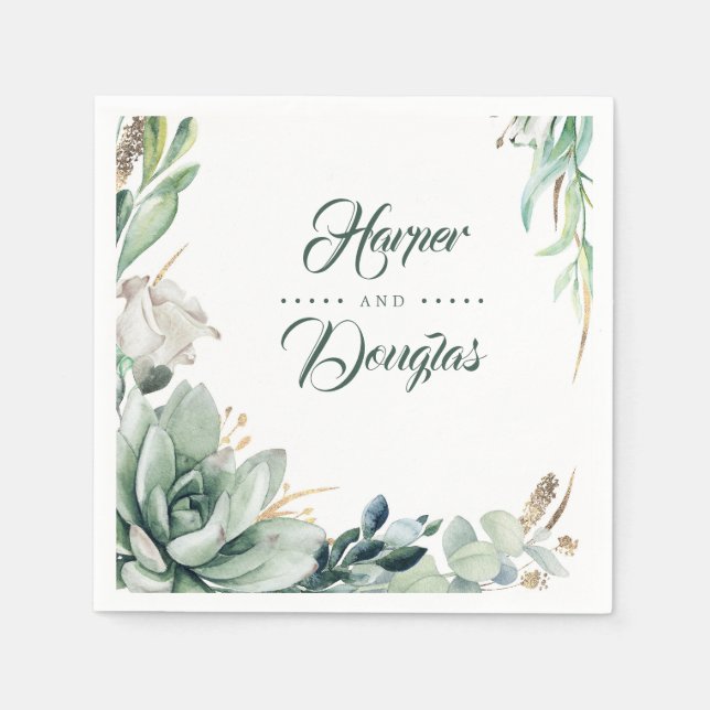 Grönt och guld botaniskt elegant bröllop pappersservett (Framsidan)